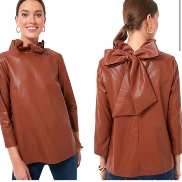 NWT TUCKERNUCK Cognac Leather Faye Blouse SZ XS EUC Faux Leather - Picture 1 of 6